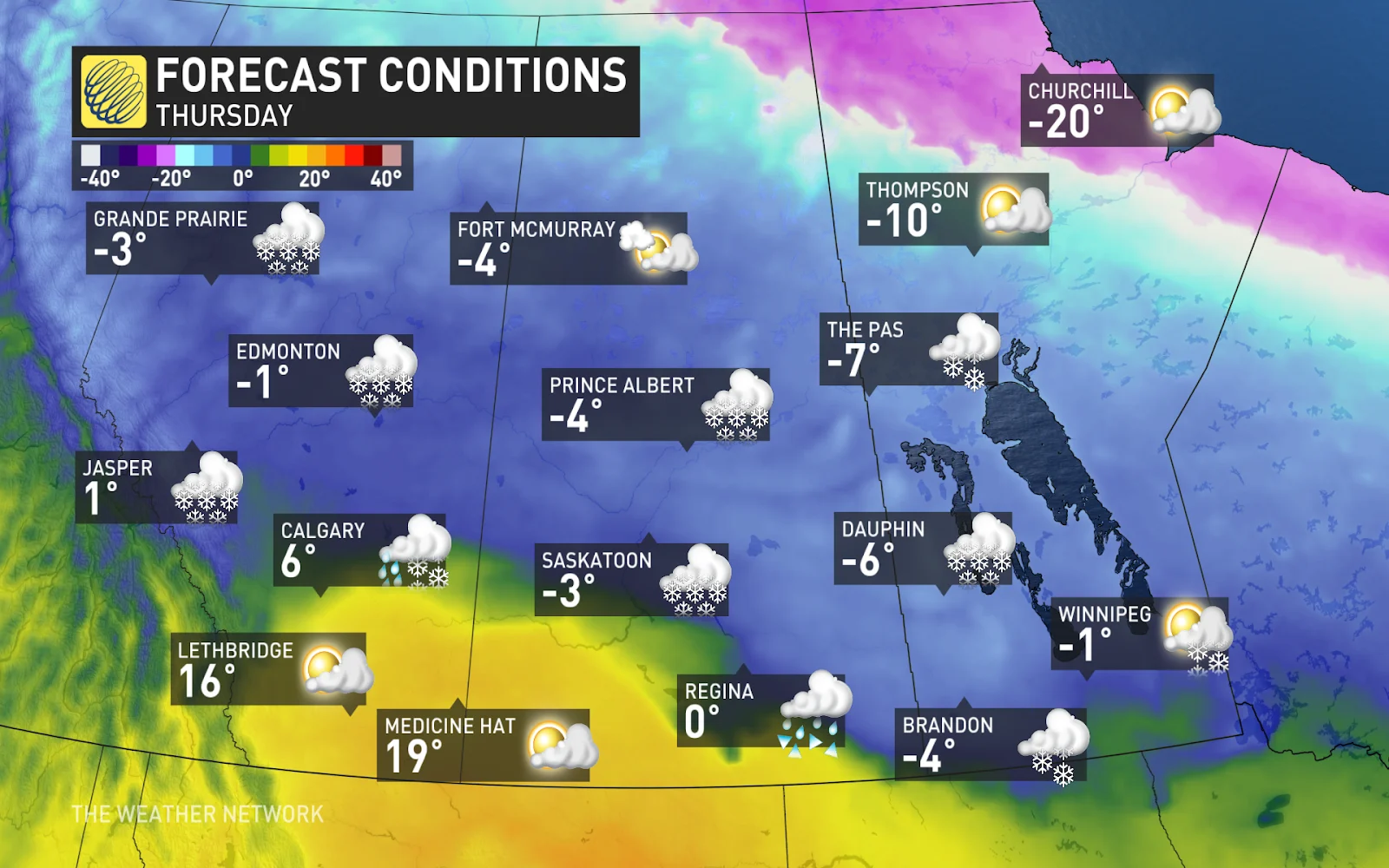 Prairies Thursday forecast conditions and temperatures - March 26, 2025