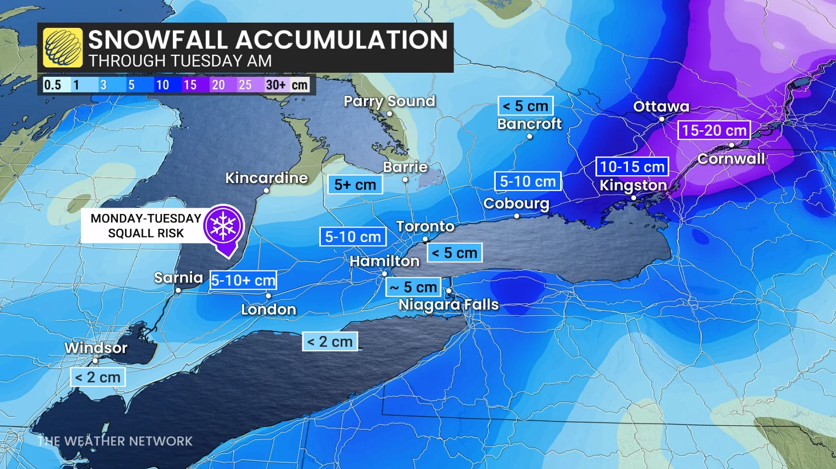 Ontario snowfall outlook through Tuesday morning