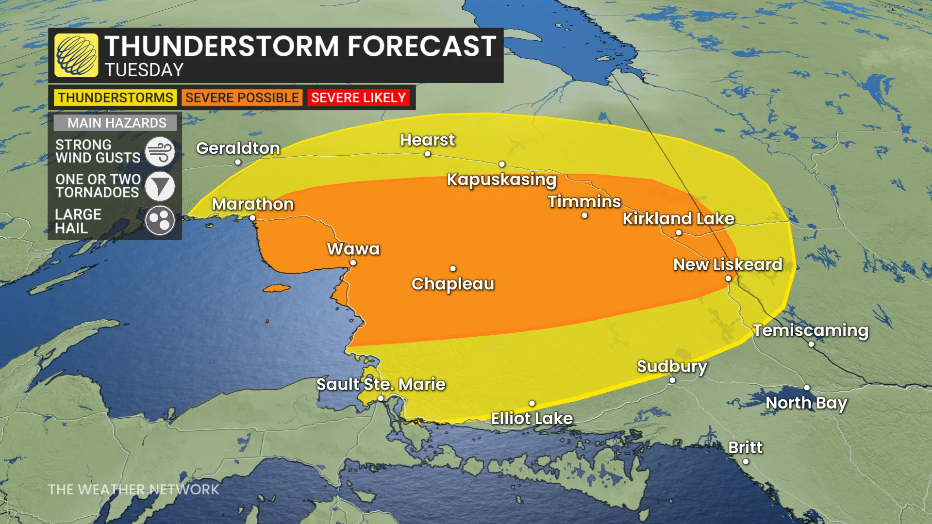 Baron - northern Ontario thunderstorm risk Tuesday - July 15