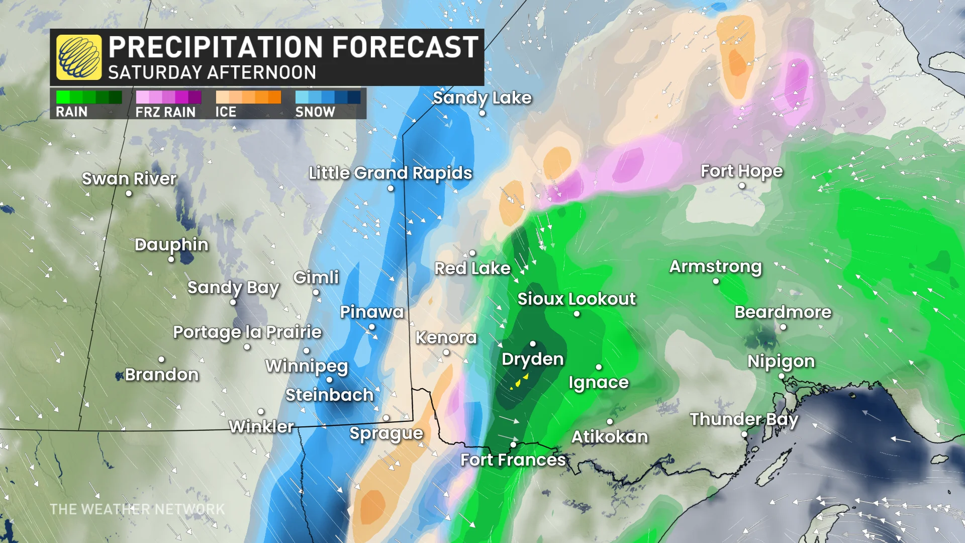 Baron - Precipitation forecast Saturday afternoon - Manitoba NW Ontario - Mar13