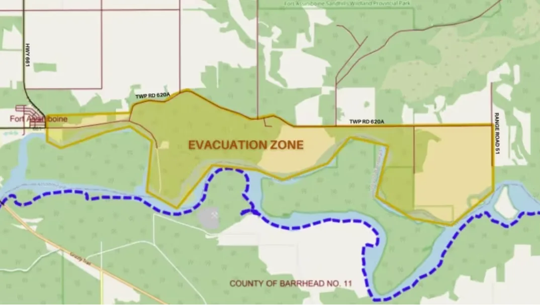 CBC: Two evacuation orders have been issued for areas in Woodlands County, Alta., for the Township Road 620A area along the Athabasca River, east of the hamlet of Fort Assiniboine, Alta., and for the Flats Road area along the river. (Government of Alberta)