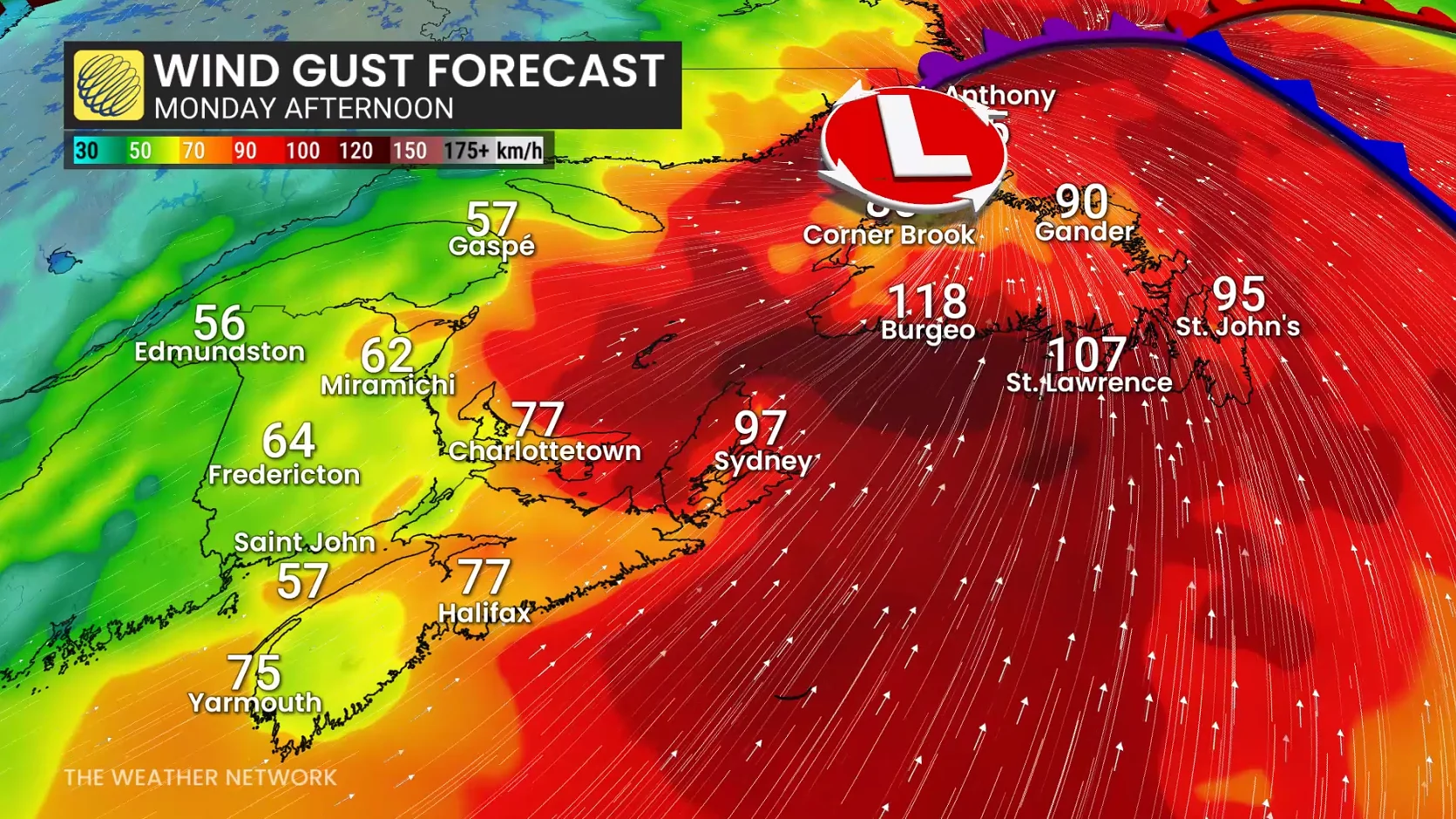 Atlantic Canada wind gusts Monday afternoon