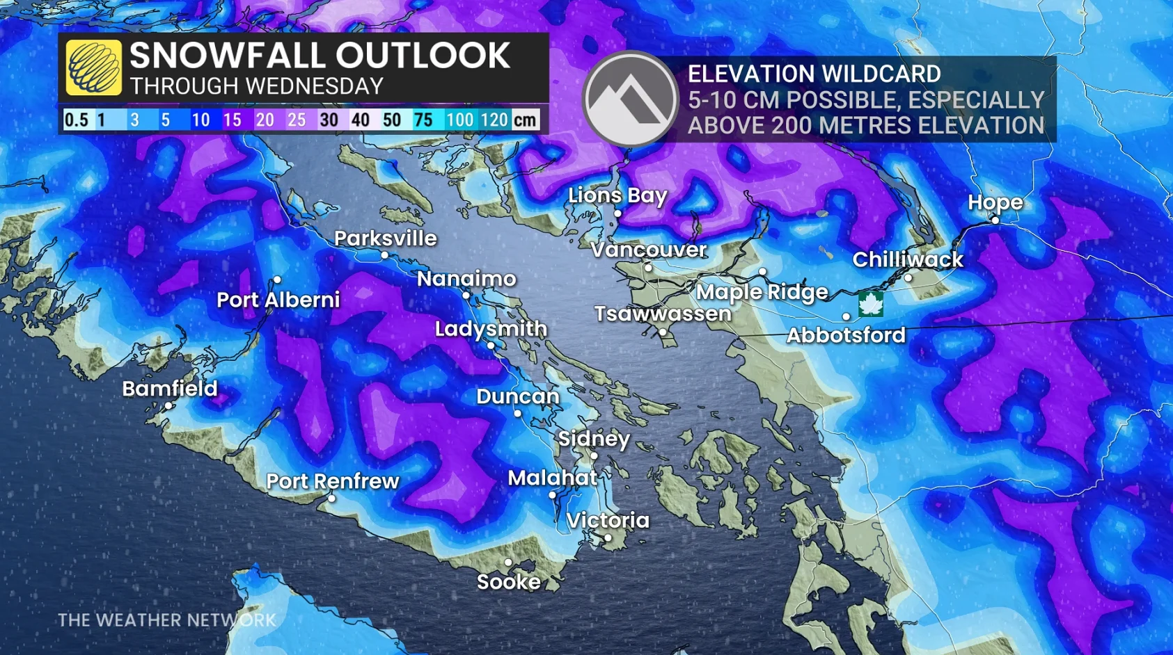 B.C. snowfall outlook through Wednesday