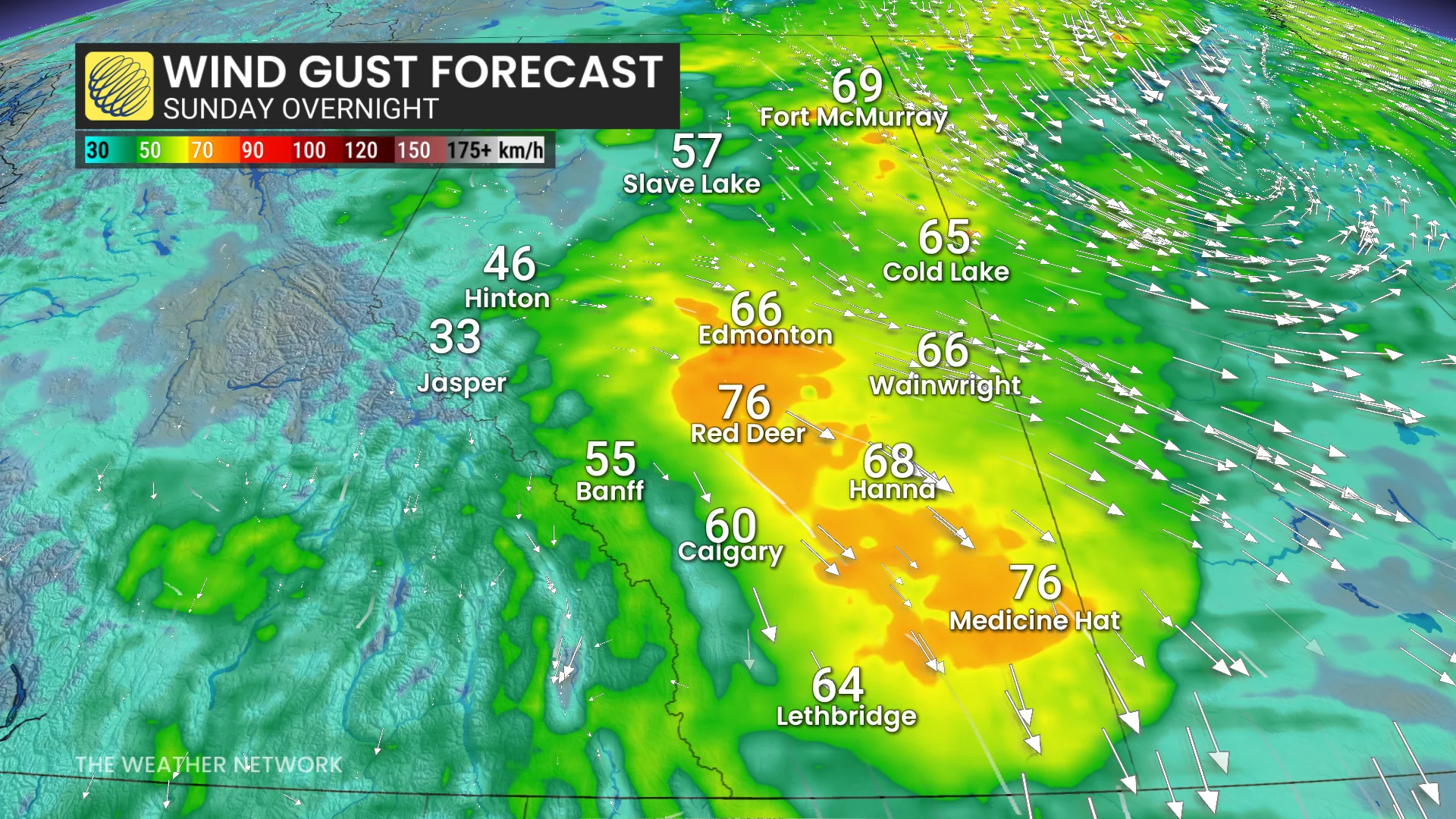 Alberta wind gusts Sunday overnight