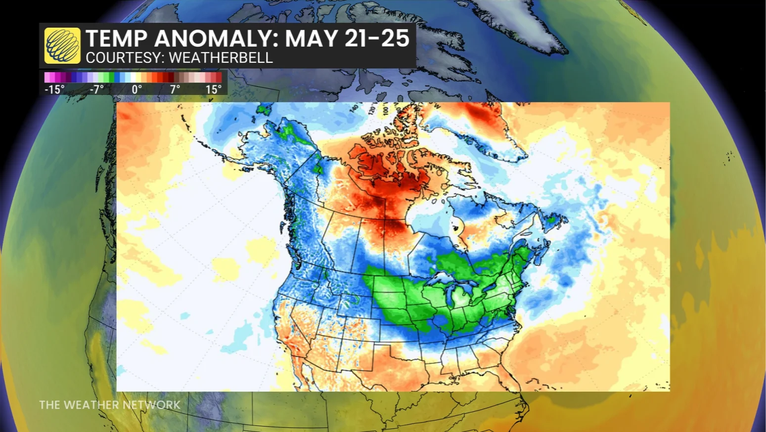 Temperature, Anomaly, North America, Cold, Hot, Air, Spring, May 21, 2025. (The Weather Network)