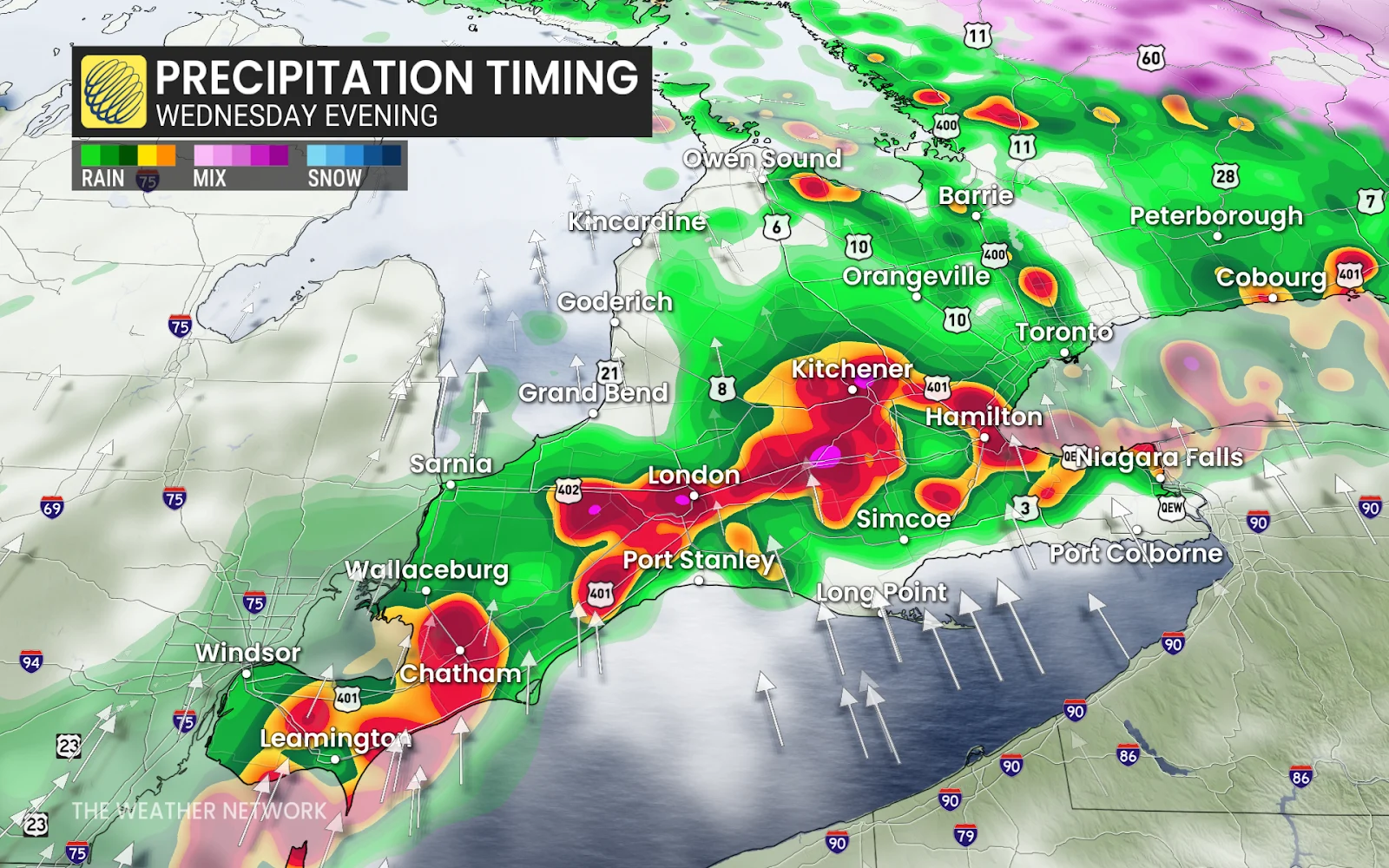 Southern Ontario Wednesday evening forecast radar precipitation - April 2, 2025