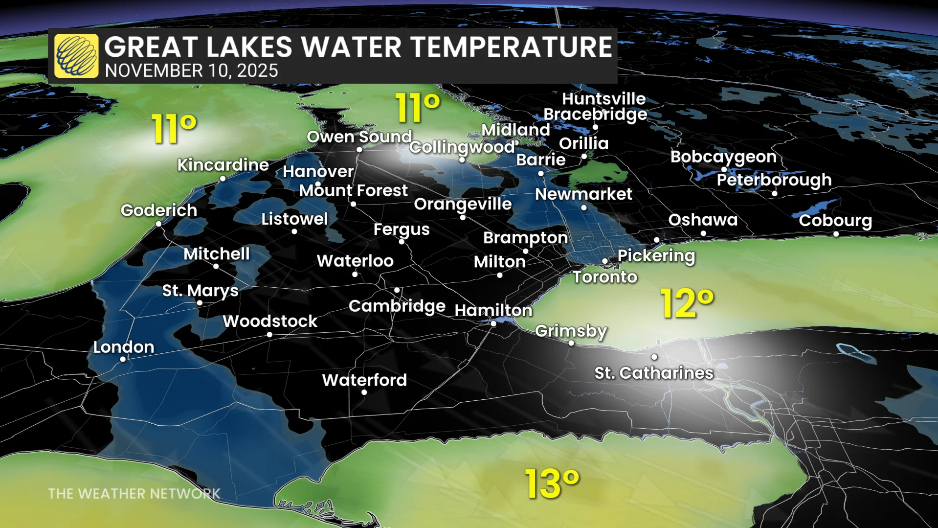 Great Lakes water temperatures, Nov. 10. 2025