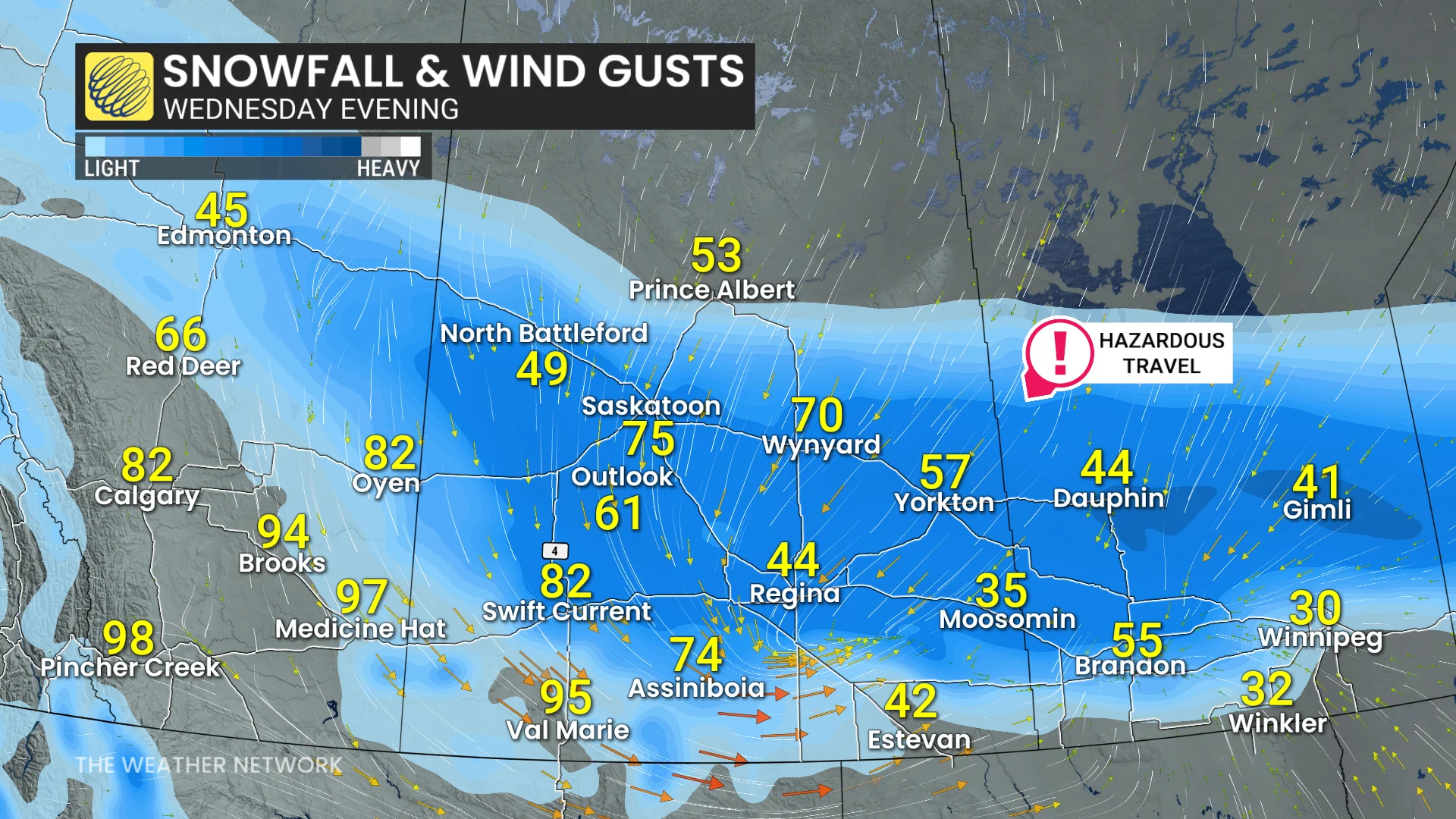 Prairies wind gust and snow Wednesday evening