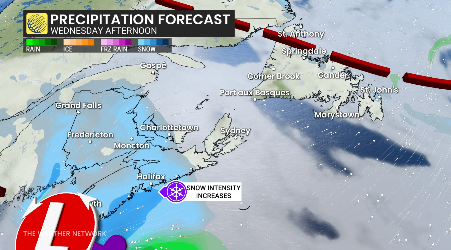 Atlantic Canada precipitation forecast Wednesday afternoon
