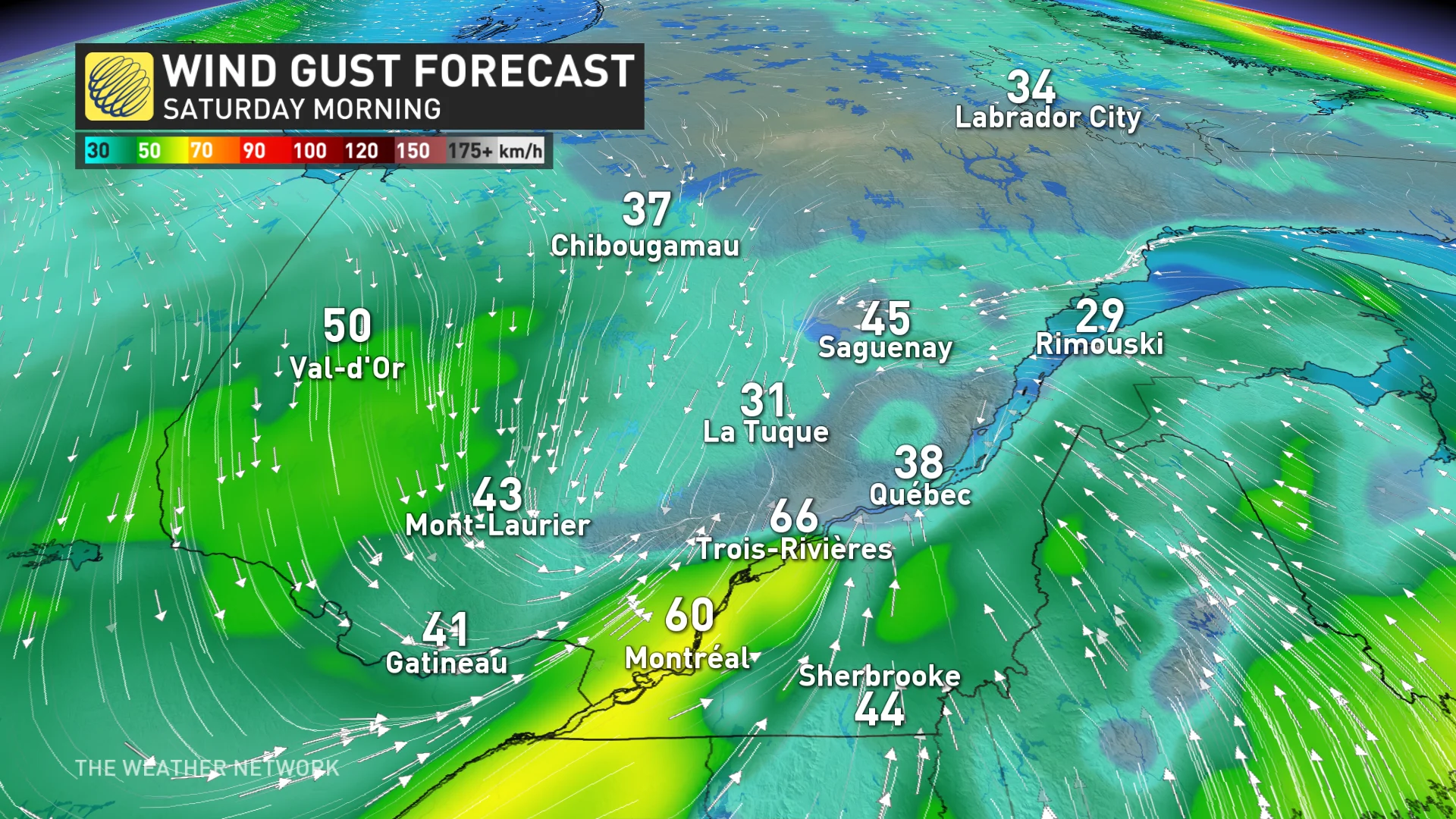 Quebec wind gusts Saturday morning