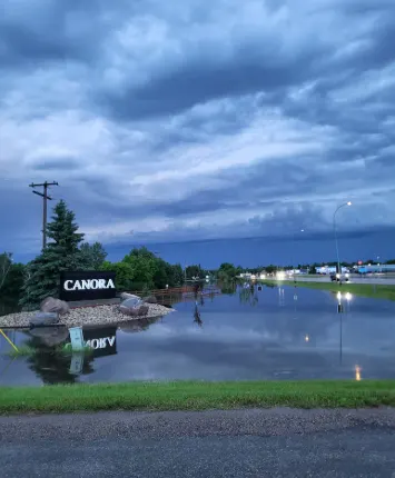 CBC: Ditches in Canora were overflowing due to the heavy rain. (Submitted by Brandi Zavislak)
