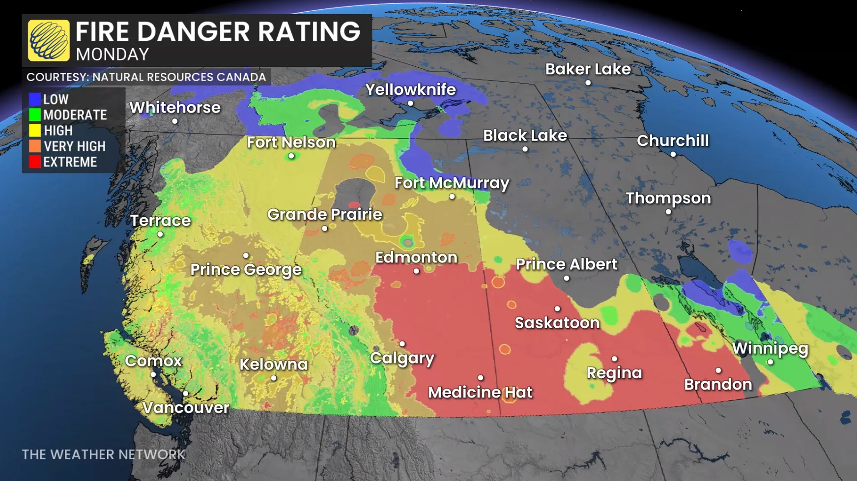 Western Canada fire danger Monday