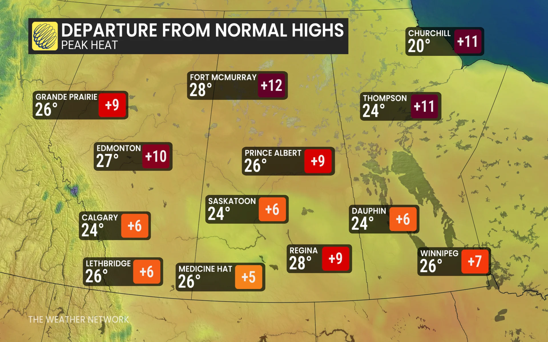 Peak temperatures, departures from normal highs Prairies
