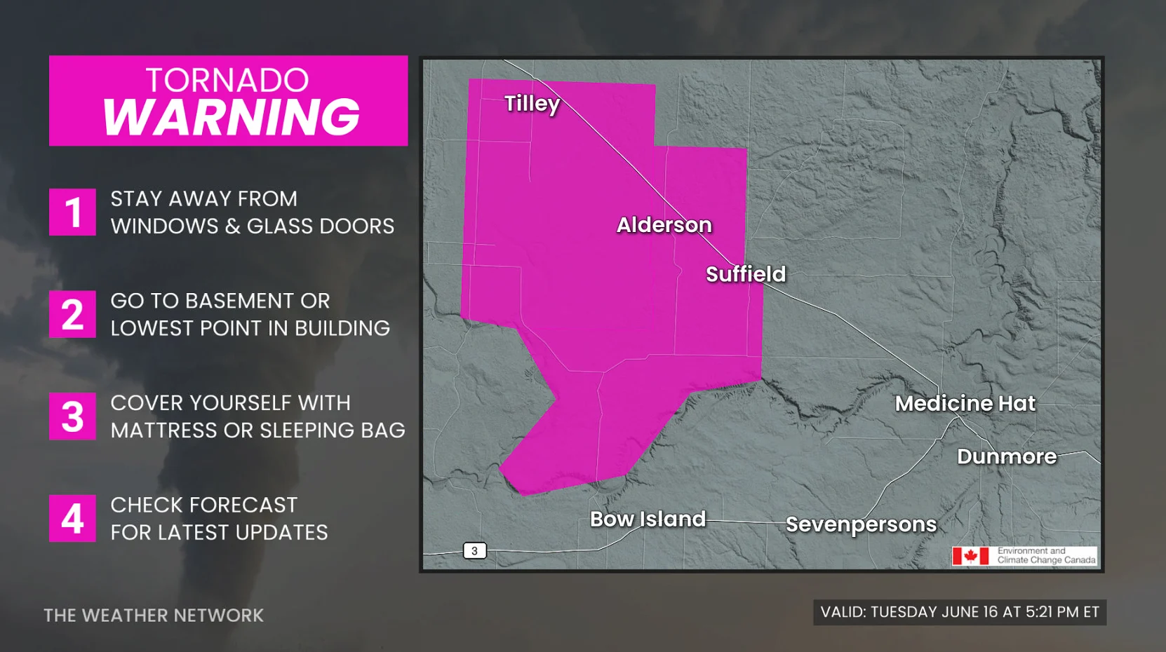 Tornado, Warning, Alberta, Saskatchewan, June 16, 2026. (The Weather Network)
