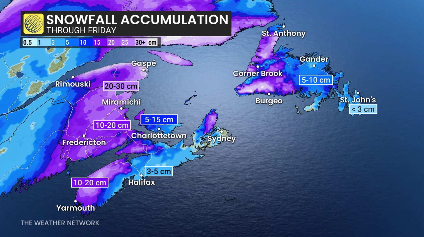 Atlantic Canada snowfall forecast through Friday