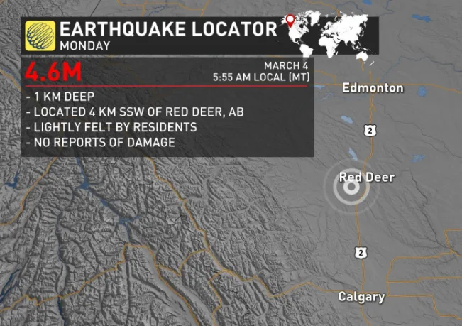 'Very short, sharp shock': Earthquake hits central Alberta