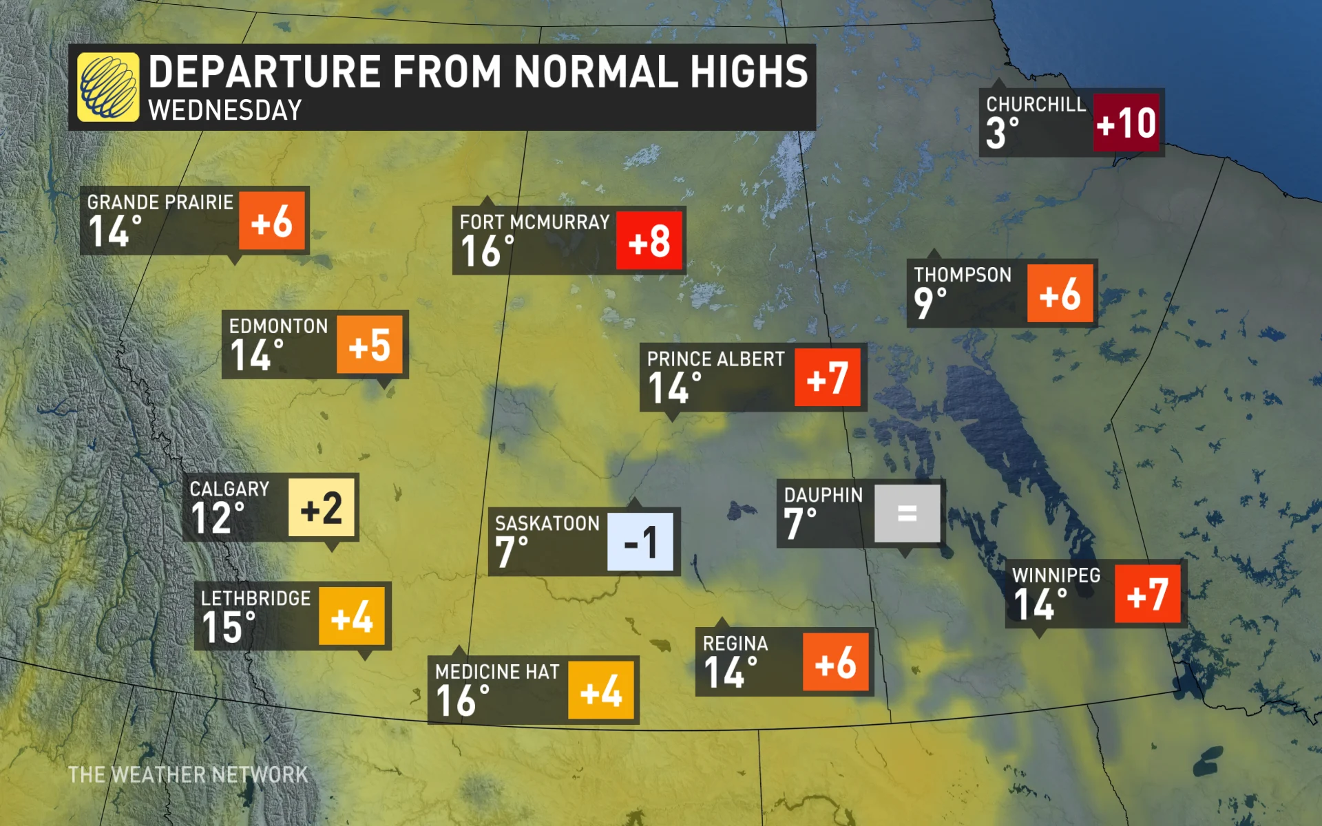 Prairies Wednesday temperature and departures from normal highs
