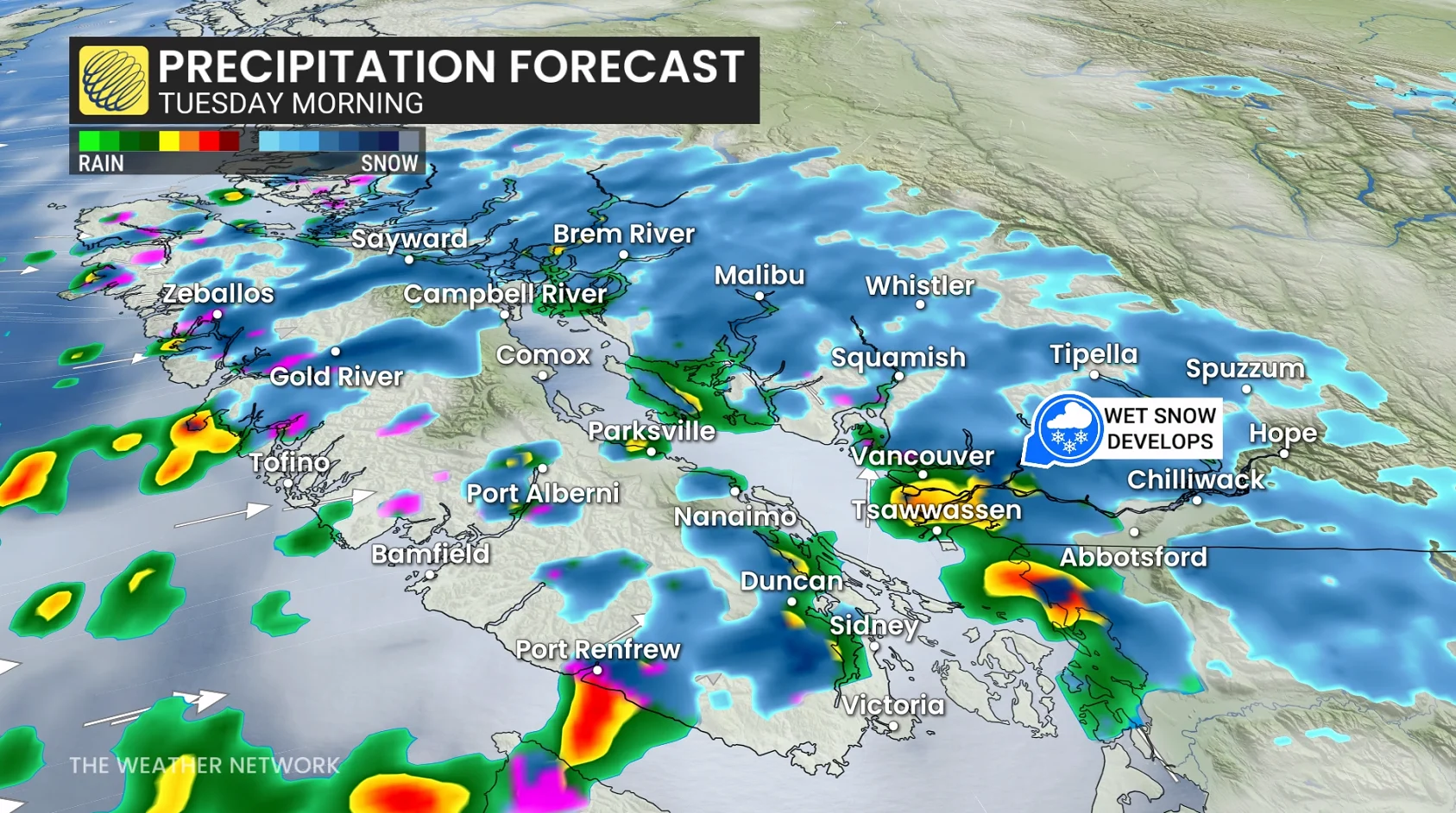 B.C. precipitation timing Tuesday morning