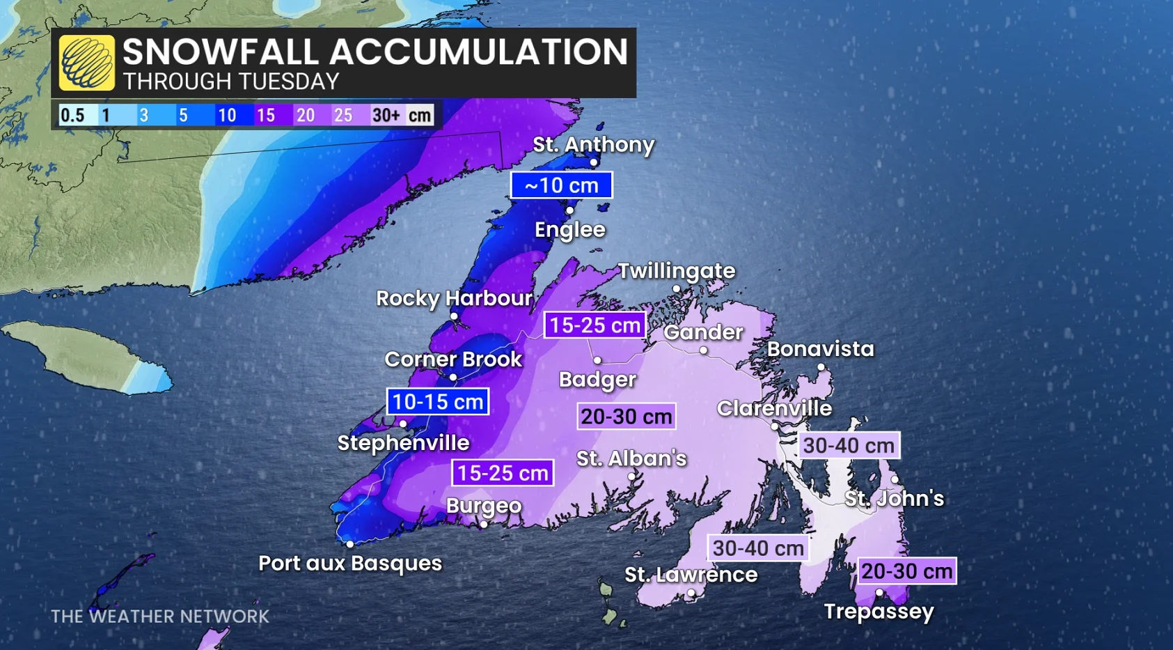 N.L. snowfall through Tuesday