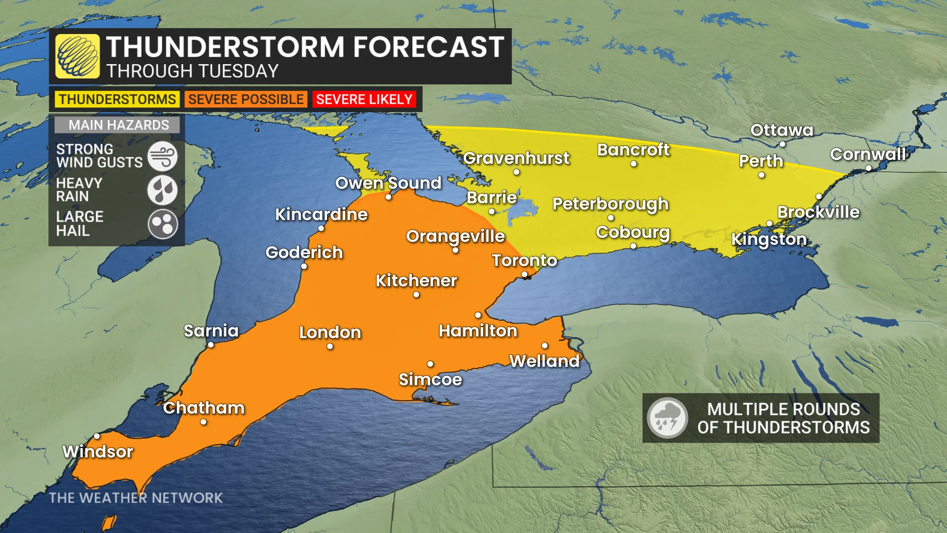Ontario storm risk map Tuesday