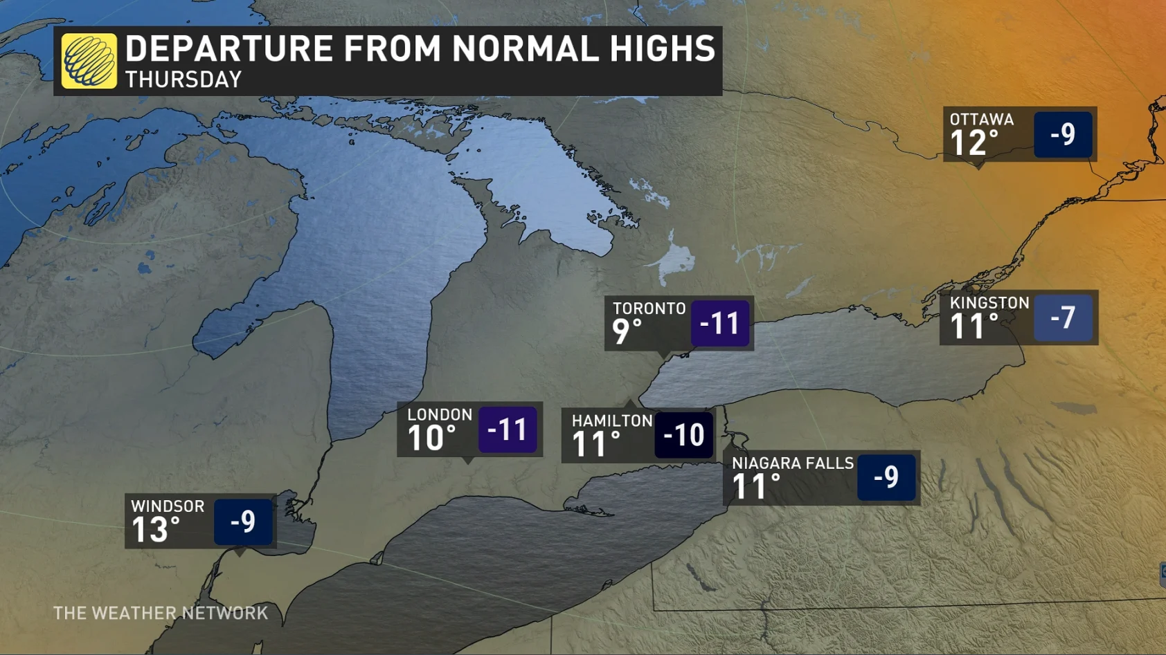 Ontario departure from normal highs Thursday