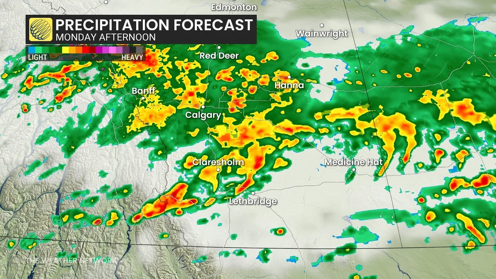 Rain, Forecast, Alberta, Monday, Storm, July 13, 2025. (The Weather Network/Nadine Hinds-Powell)