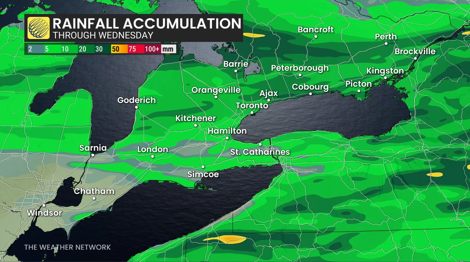 Ontario rainfall through Wednesday