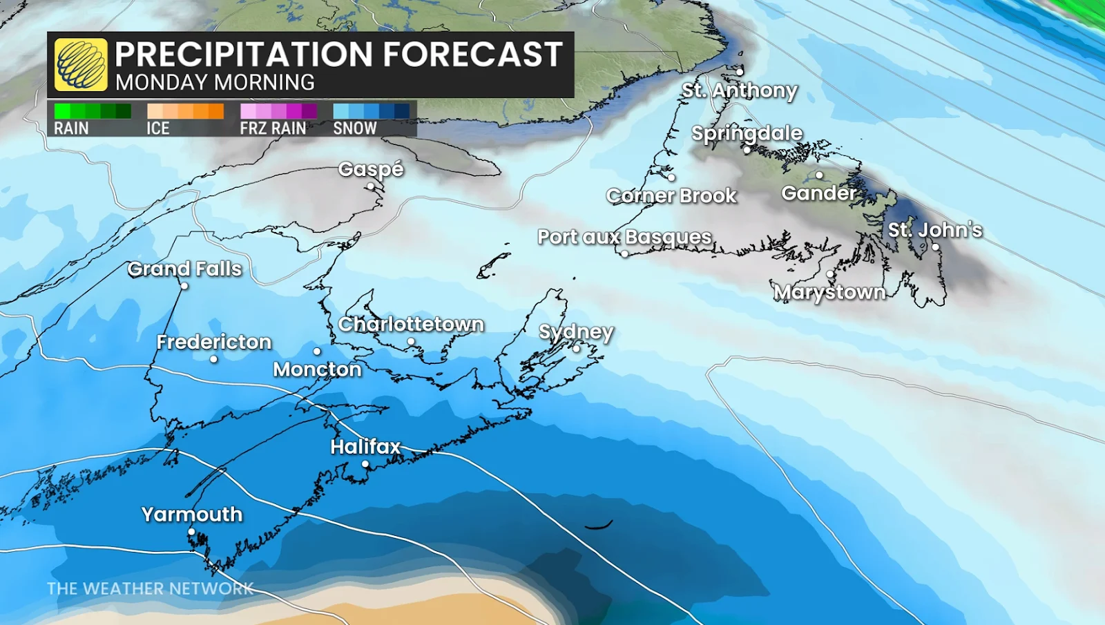 Atlantic Canada precipitation Monday morning