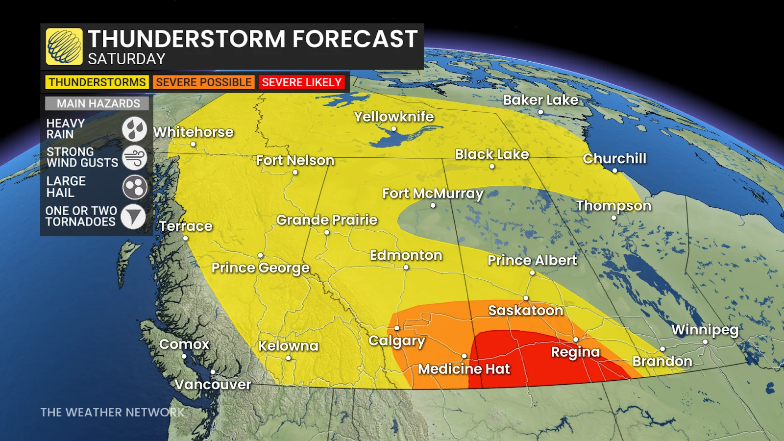 Western Canada Saturday severe thunderstorm risk map - July 19, 2025
