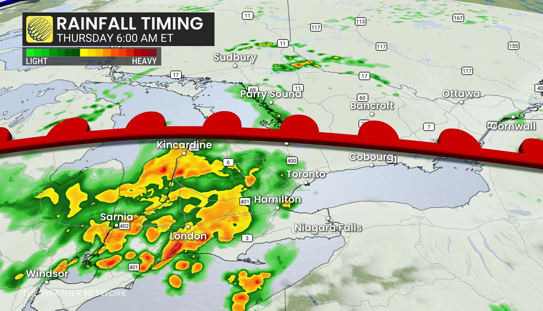 Ontario precipitation timing Thursday morning