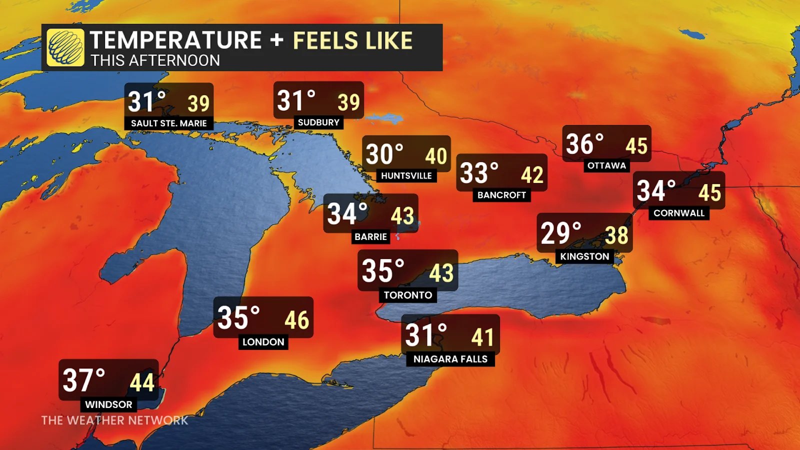 Ontario Monday afternoon temperatures and humidex - June 23, 2025