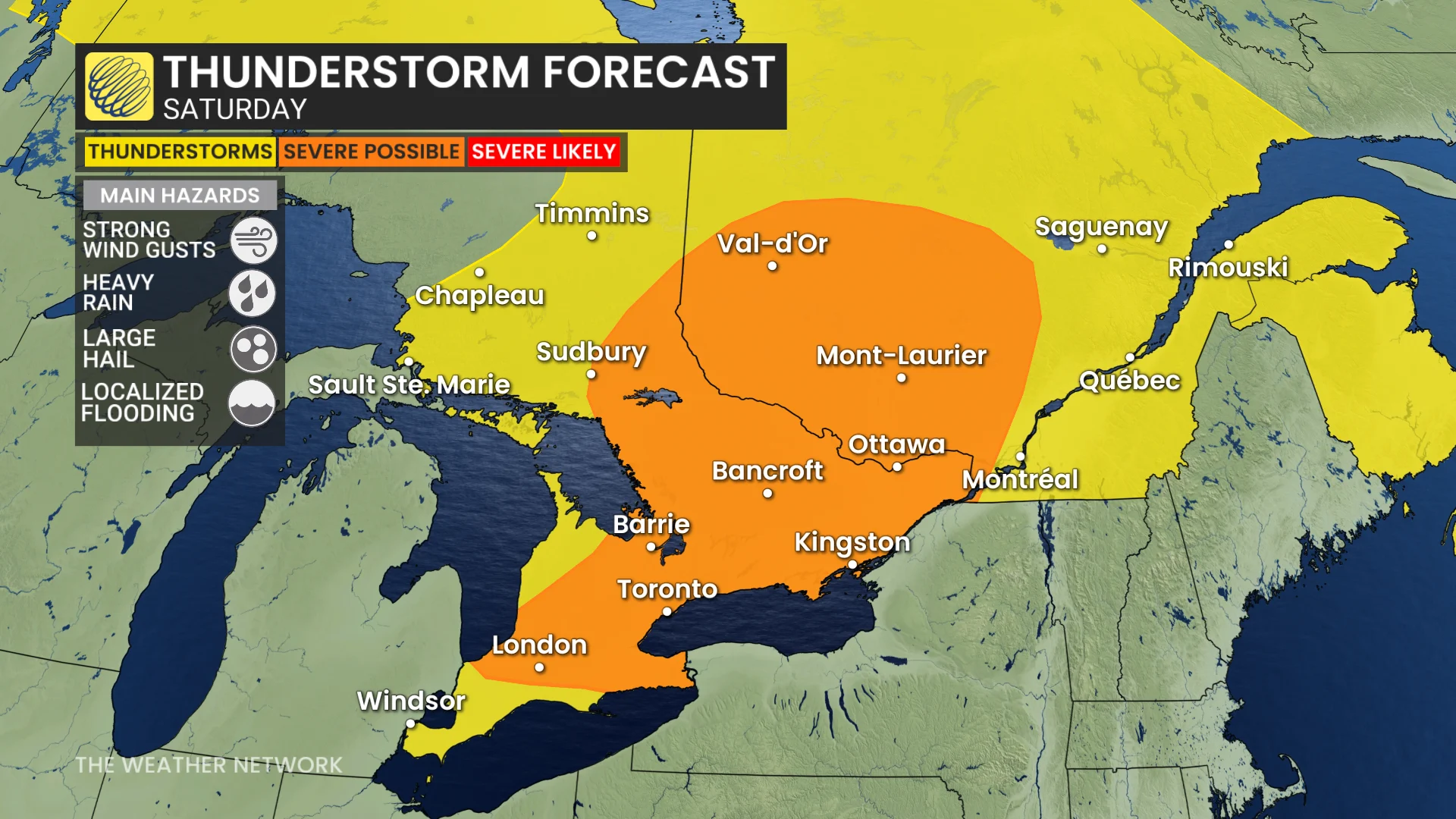 Southern Ontario-Quebec storm risk map Saturday