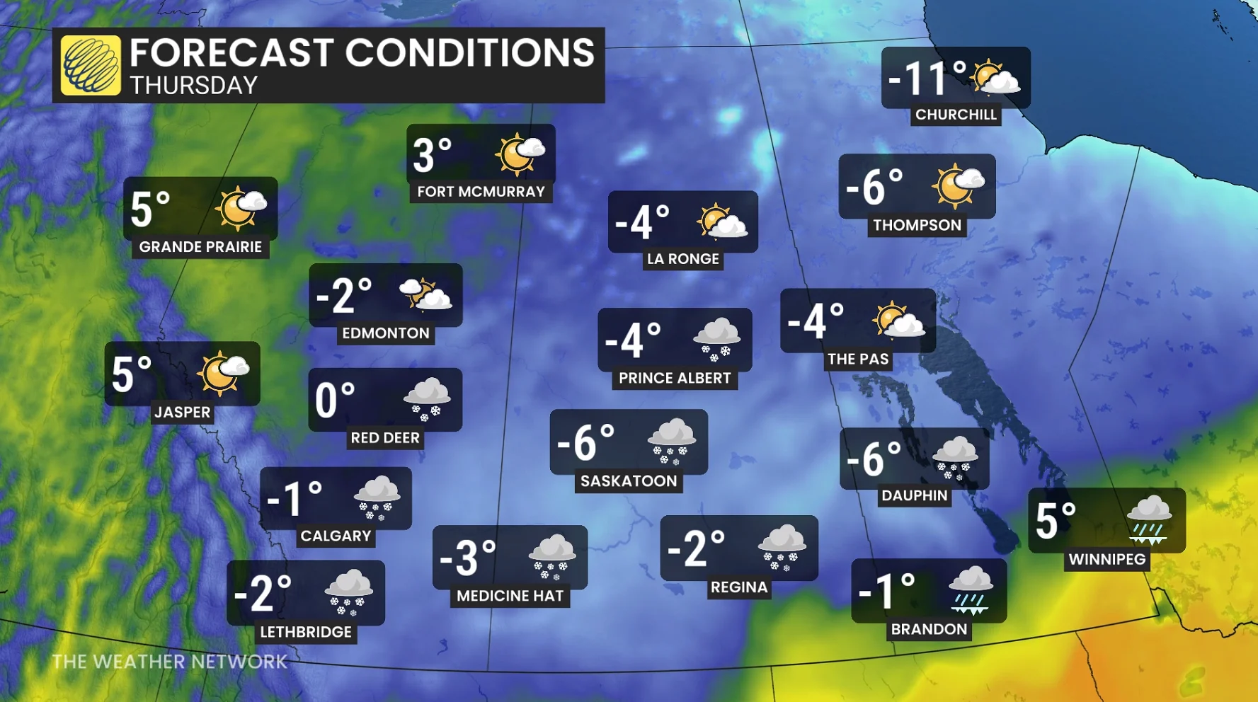Prairies Thursday temperatures and icons