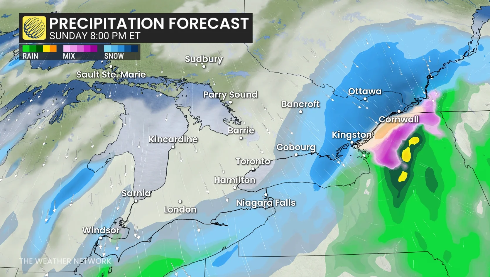 Ontario precipitation timing Sunday evening