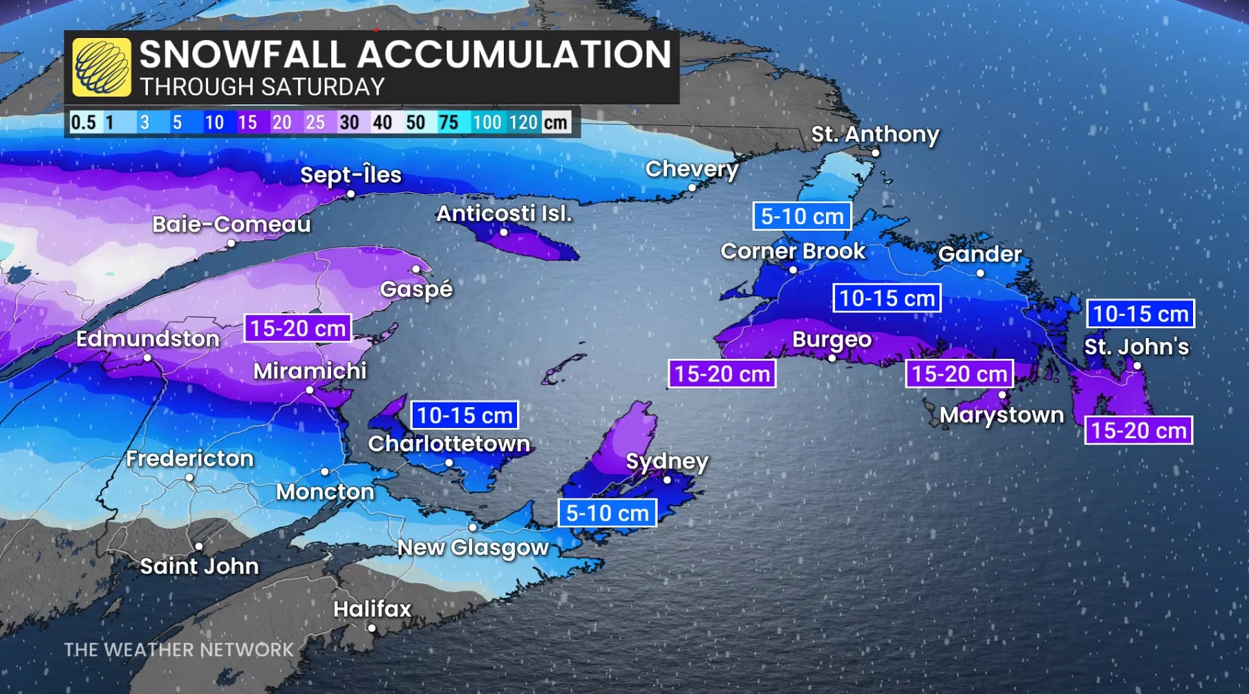 Atlantic Canada forecast snow totals Saturday - April 3, 2026