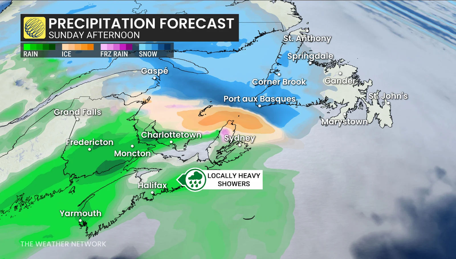Atlantic Canada Sunday afternoon forecast precipitation - April 4, 2026