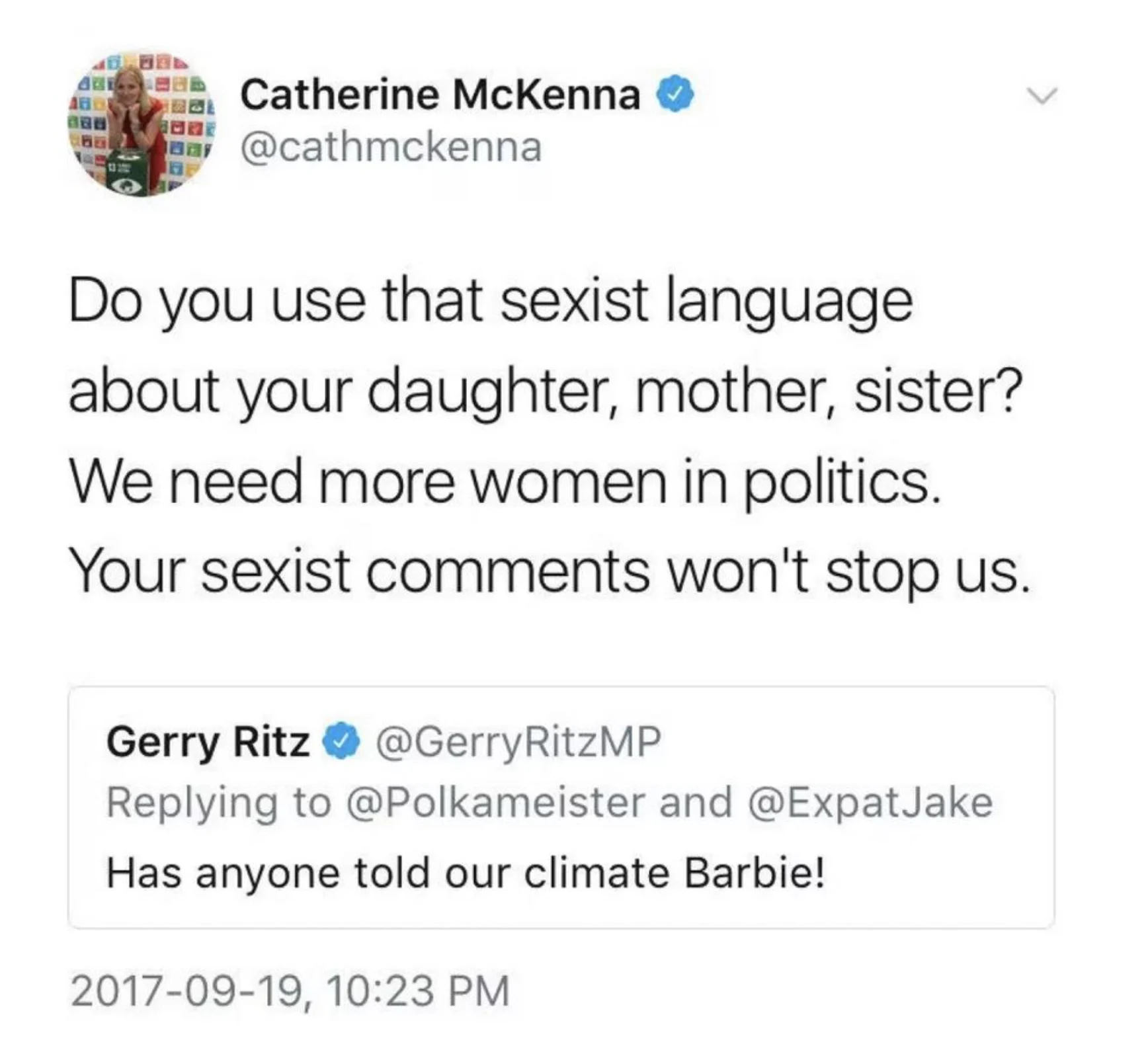 Tweet refers to Catharine McKenna as 'climate barbie' (Changemakers/The Weather Network)