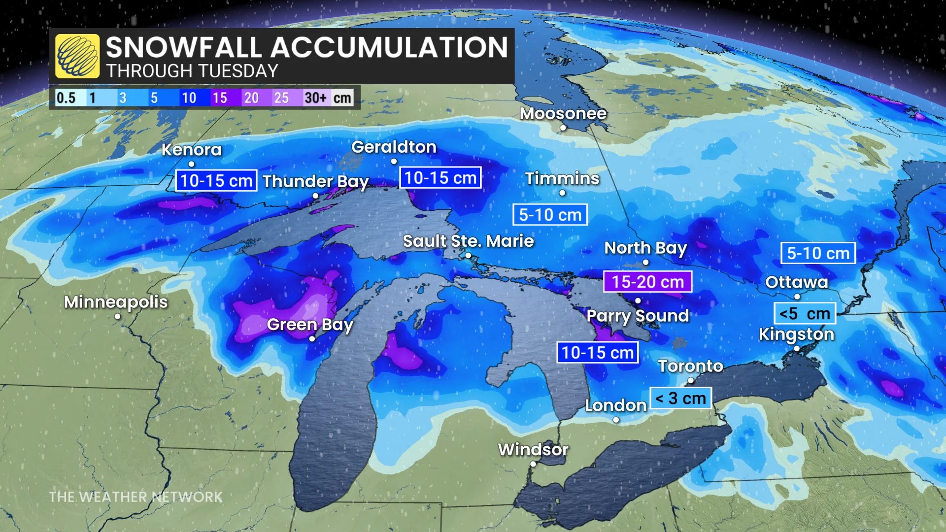 Ontario snowfall accumulation through Tuesday