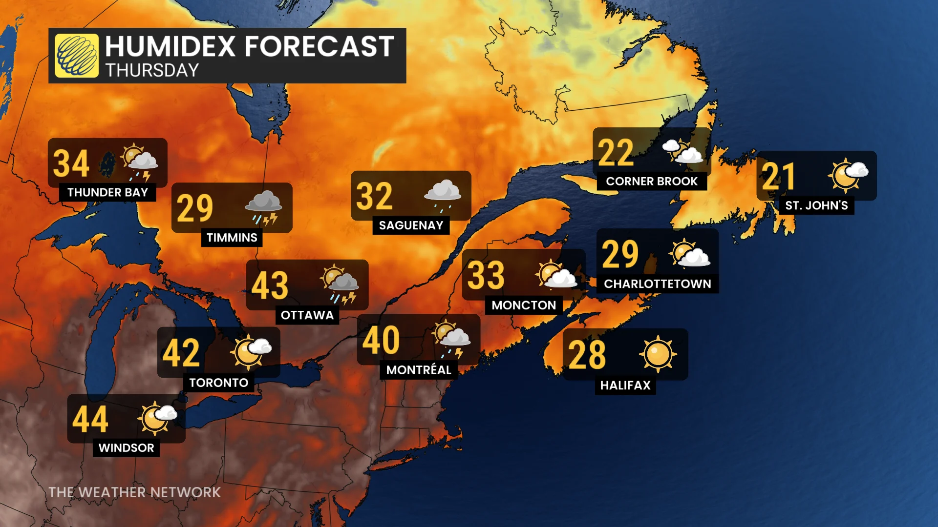 Eastern Canada humidex forecast Thursday, July 24