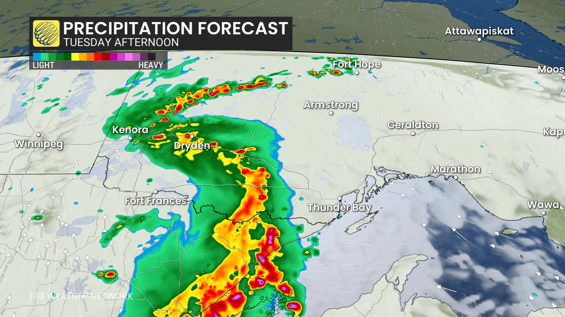 Northwestern Ontario precipitation timing Tuesday afternoon