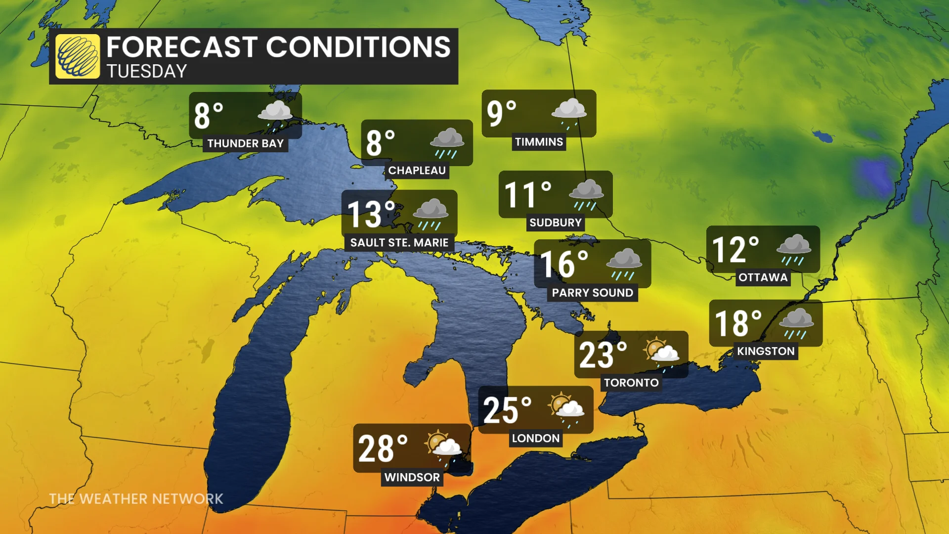 Ontario Tuesday temperatures and icons