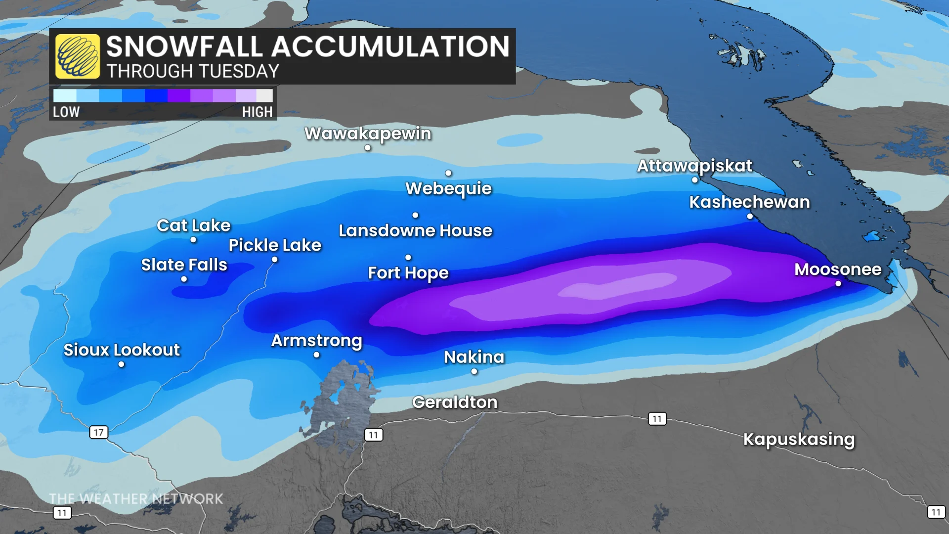 Northwestern Ontario Tuesday forecast snow totals - May 18, 2026