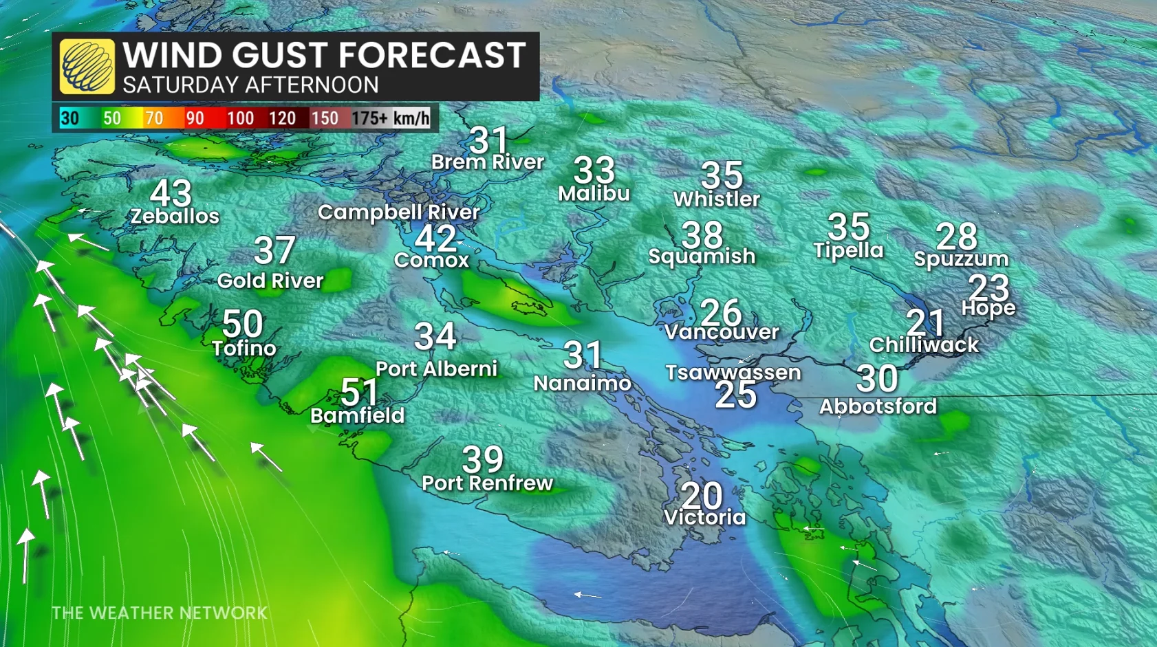 B.C. wind gusts Saturday afternoon
