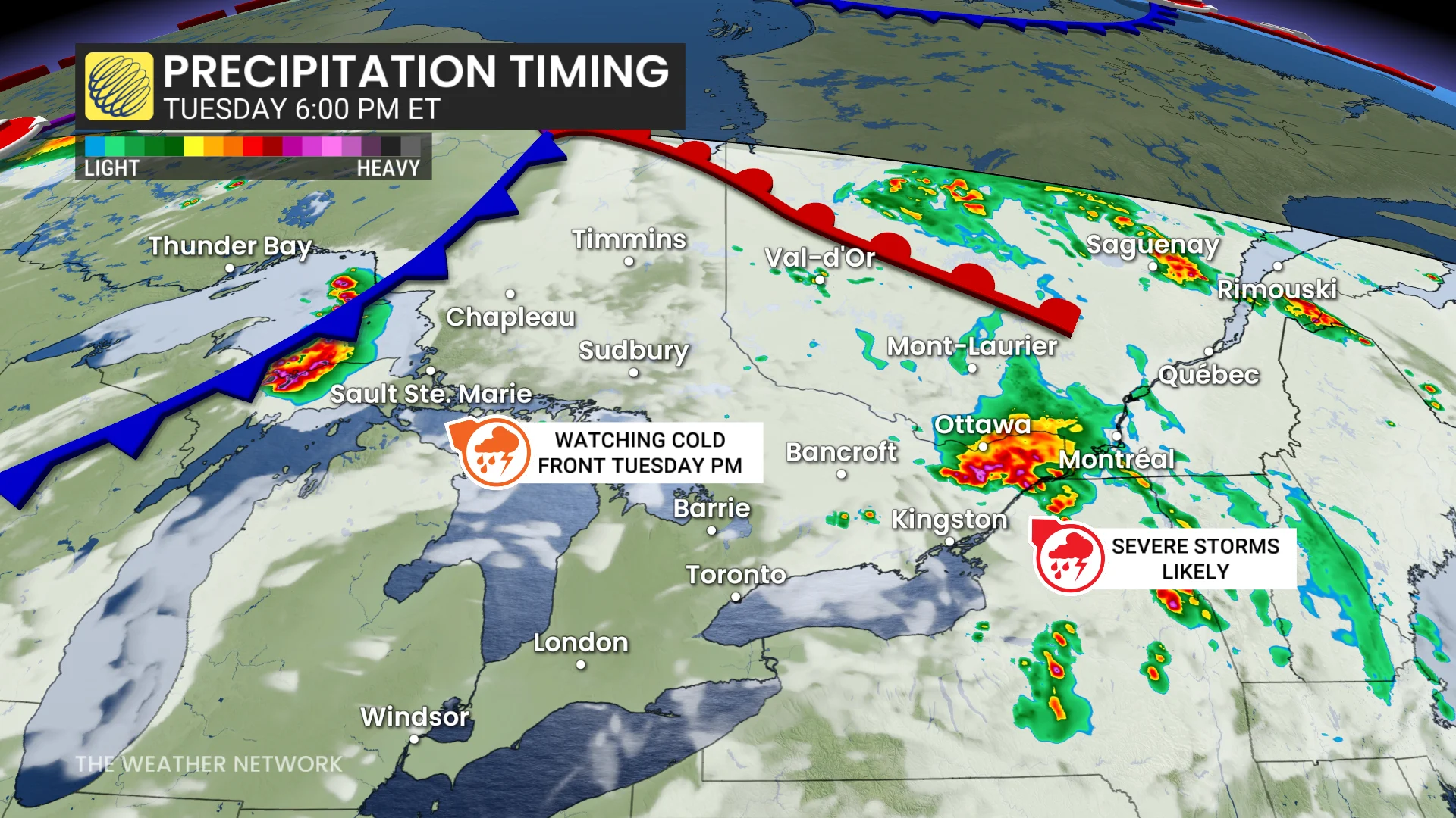 Ontario-Quebec precipitation timing Tuesday evening