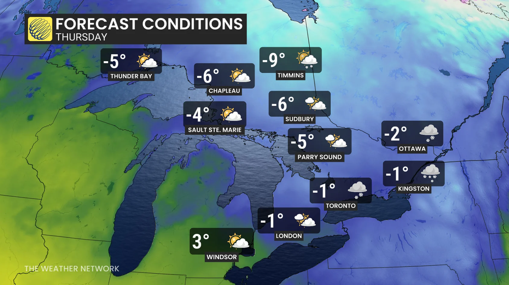 Ontario temperatures and icons Thursday