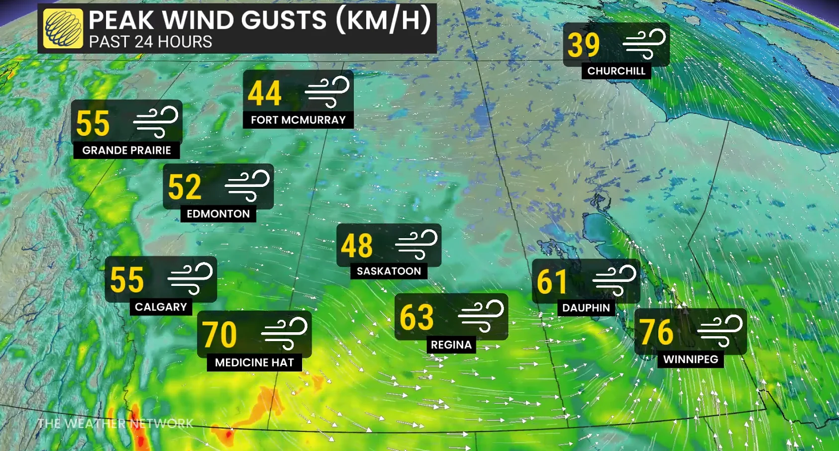 Prairies peak wind gusts past 24 hours