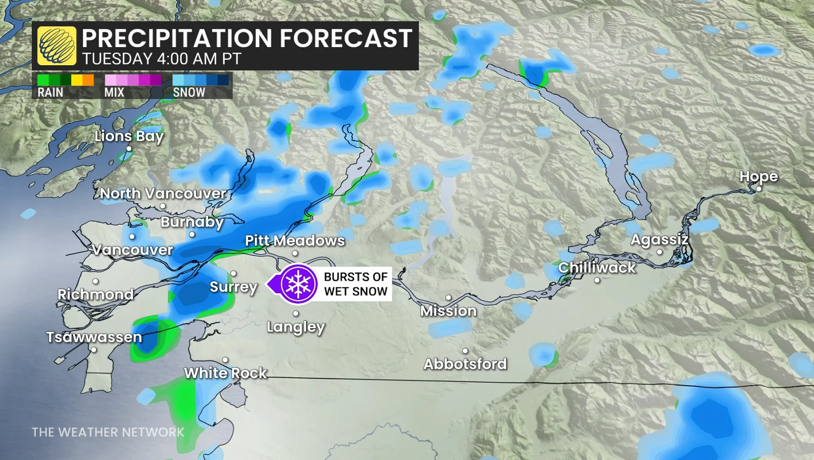B.C. precipitation timing Tuesday morning