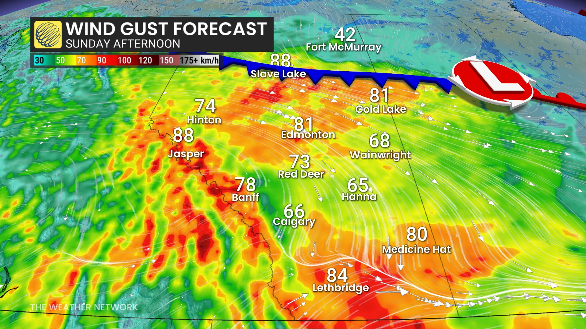 Alberta wind gusts Sunday afternoon