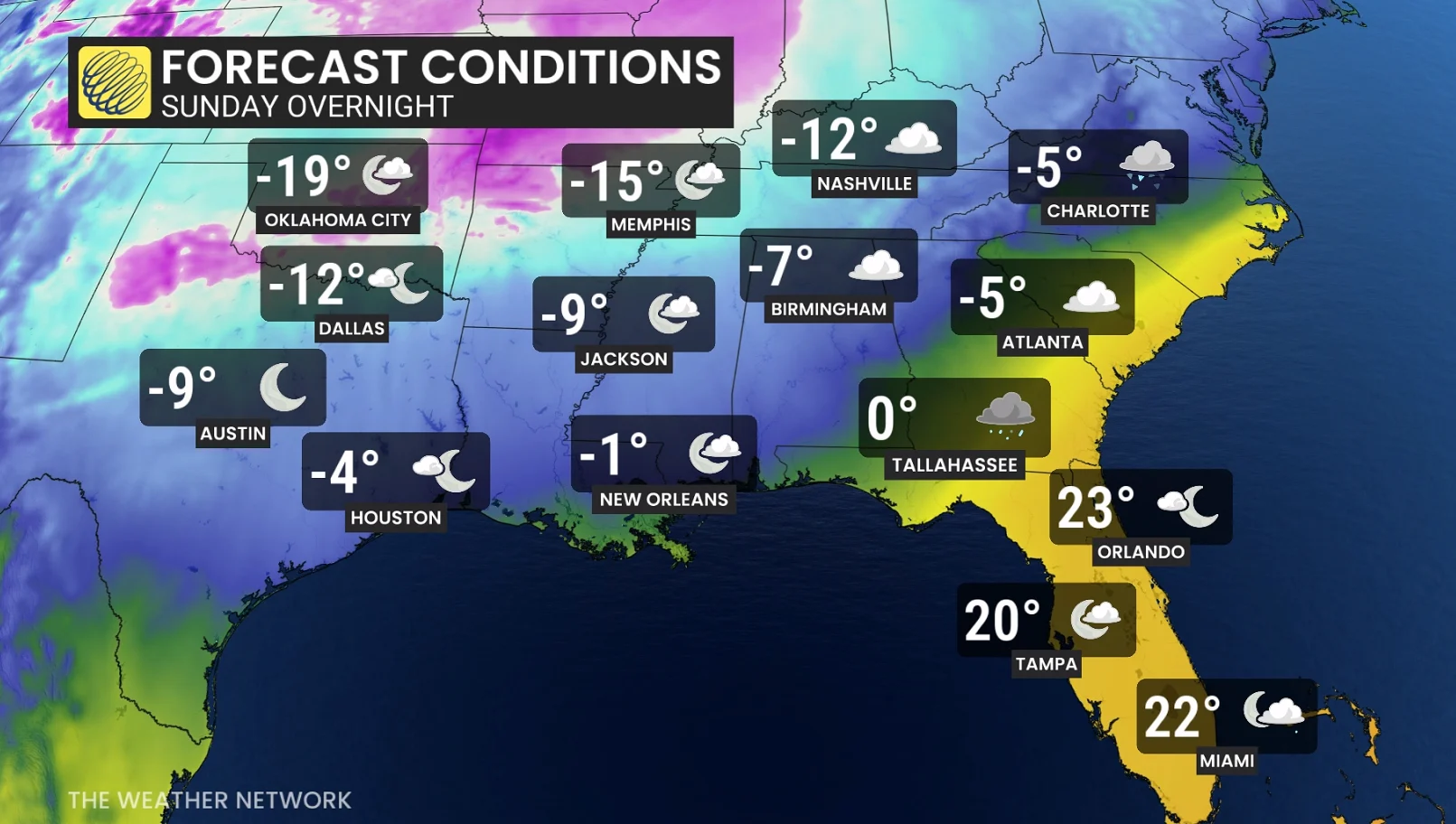 US Low Temperatures Sunday Overnight
