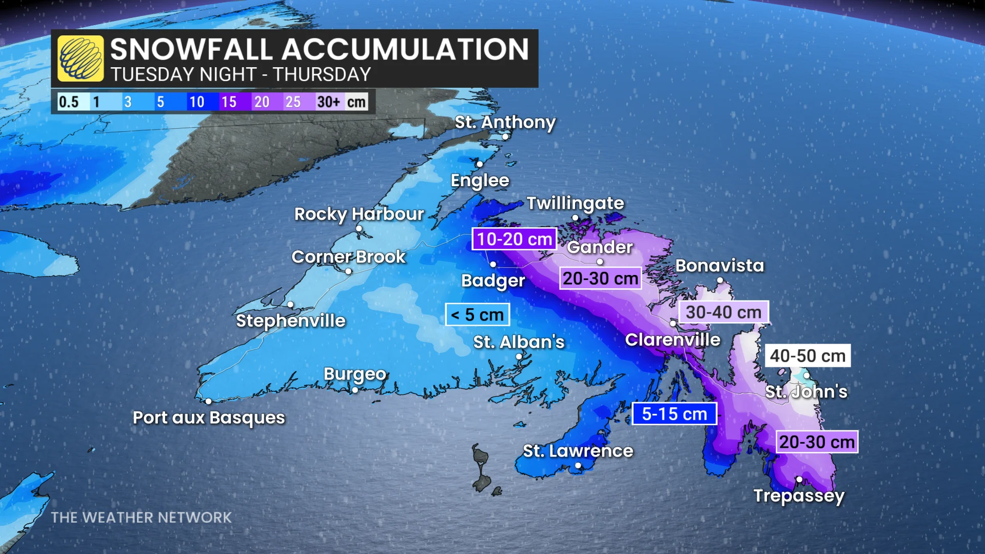 Newfoundland snowfall through Thursday